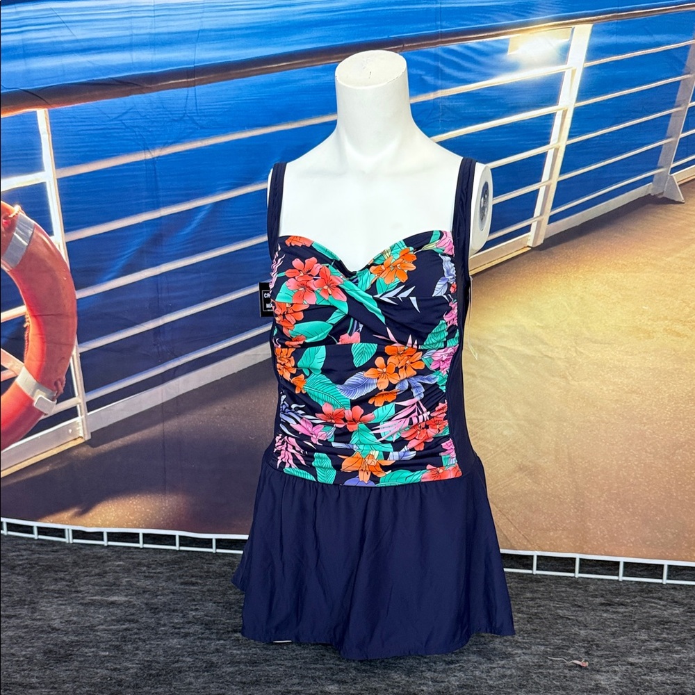 Swim Solutions Navy Floral One Piece Swimsuit SZ 18